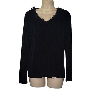 CHICO'S TRAVELERS Long Sleeve Velvet Top Fringe V-Neck Elegant Blouse Black work
